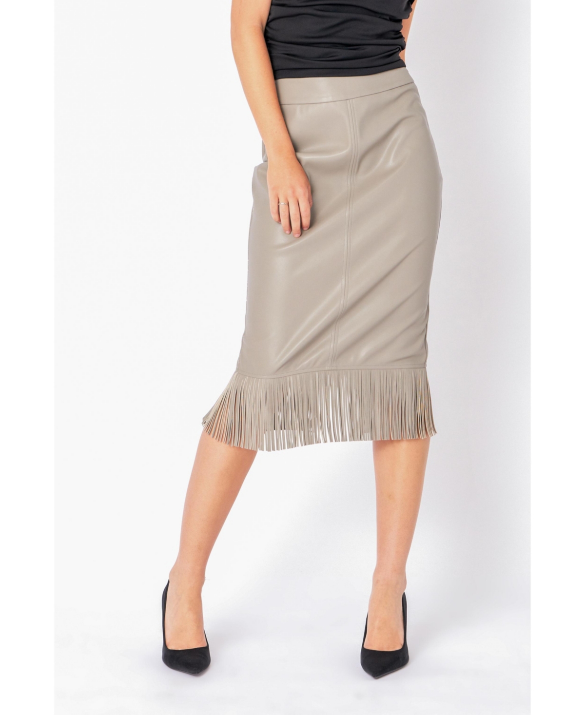 endless rose Women's Pu Fringe Pencil Midi Skirt