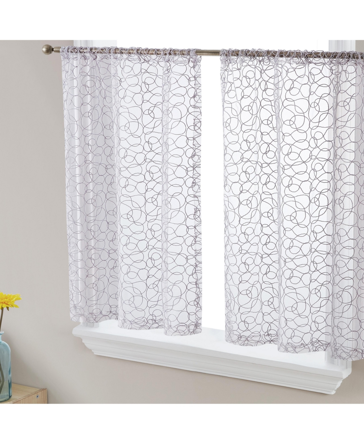 Hlc.me Audrey Embroidered Sheer Voile Window Curtain Short Rod Pocket Tiers for Kitchen, Bedroom, Small Windows and Bathroom
