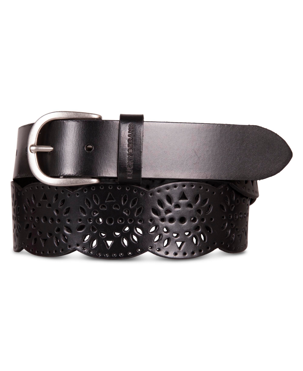 Women's Perforated Scalloped Edge Leather Belt - Black