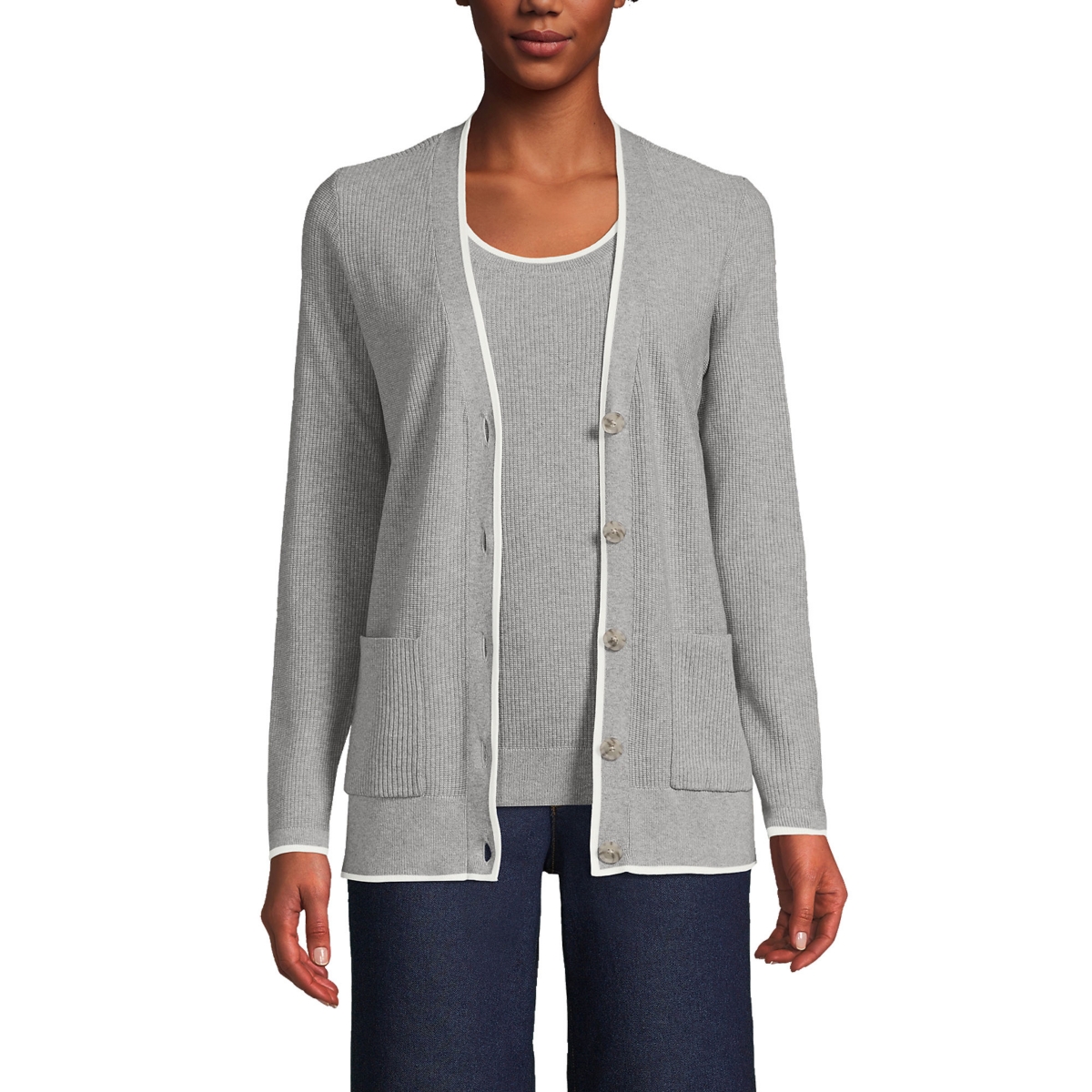 Women's Fine Gauge Cotton Cardigan and Tank Sweater Set - Light twlight heather/ivory