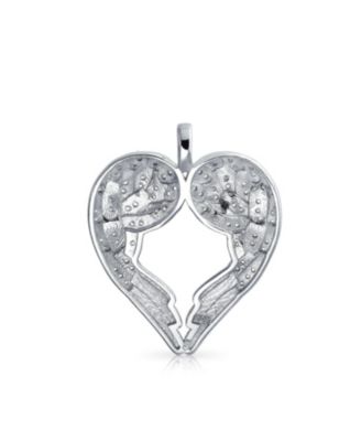Pave Cubic Zirconia CZ Heart Kissing Feather Guardian Angel Wing Dangling Pendant Necklace Sterling Silver
