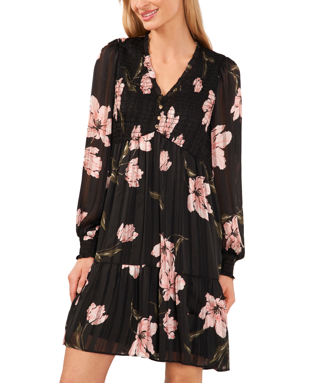 Shop Cece Women's Floral Print Smocked Balloon Sleeve A-line Dress In Rich Black