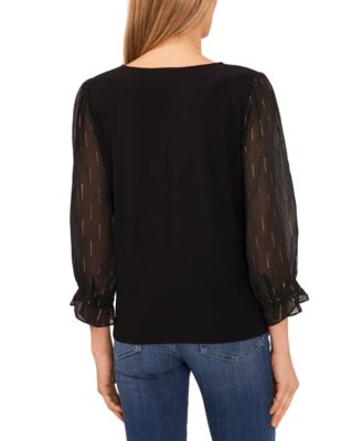 Women's V-Neck Sheer Mixed-Media Gold Lurex 3/4-Sleeve Knit Top