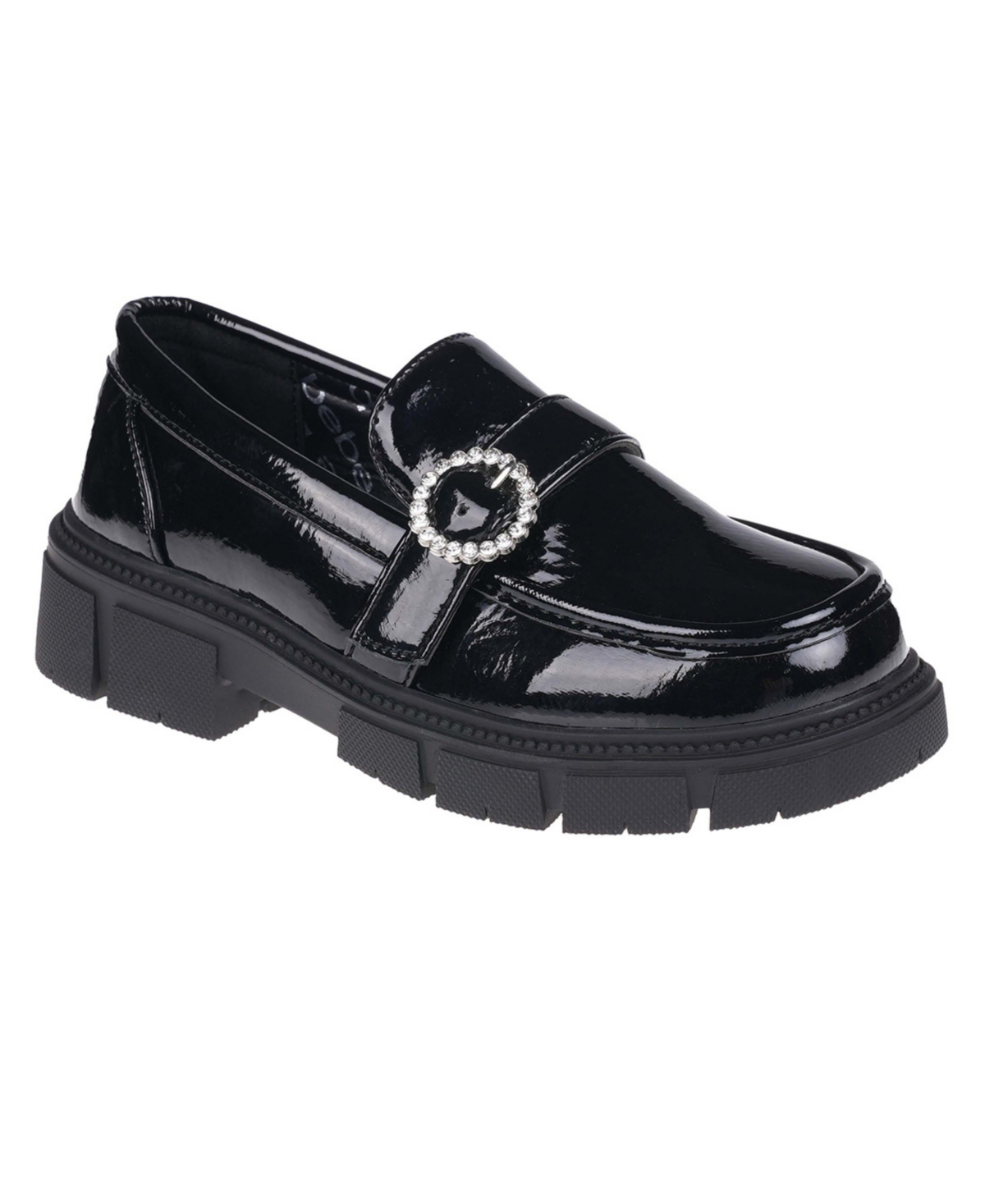 Bebe Kids' Little Girls Flat Slip-on Crinkle Patent Loafers With Rhinestones Buckle In Black
