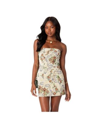 Women's Floral Tapestry Lace Up Mini Dress