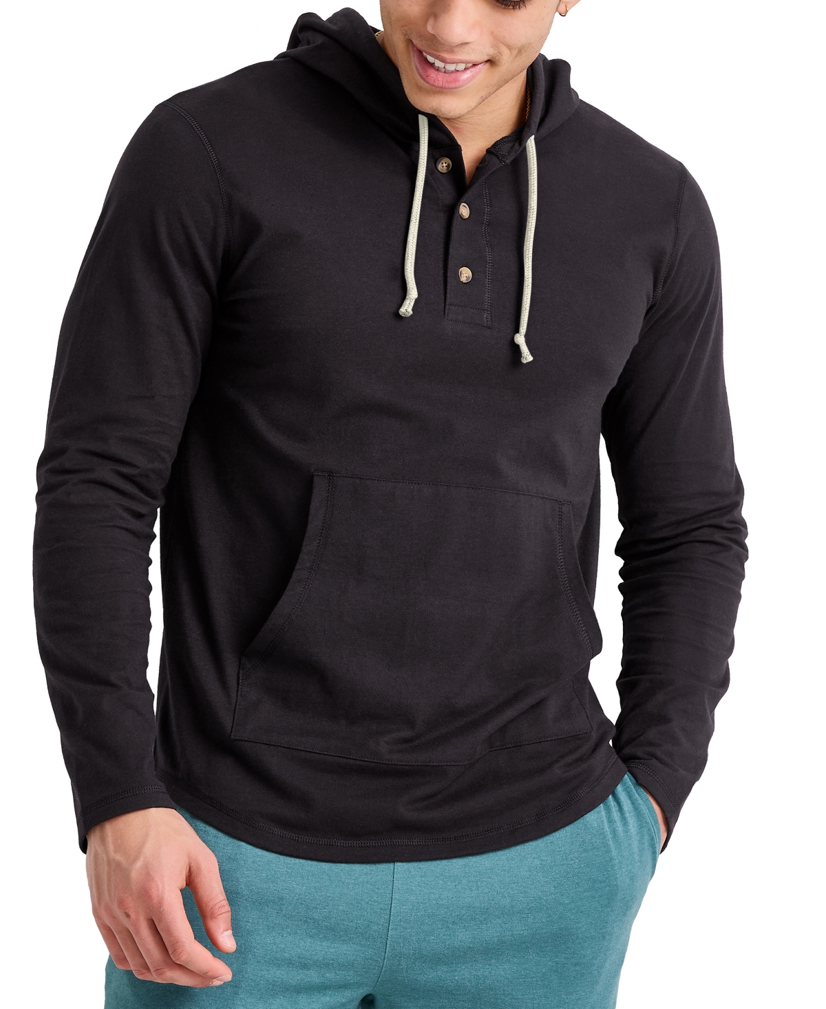 Men's Hanes Originals Cotton Henley Hooded Sweatshirt - Deep Forte Blue