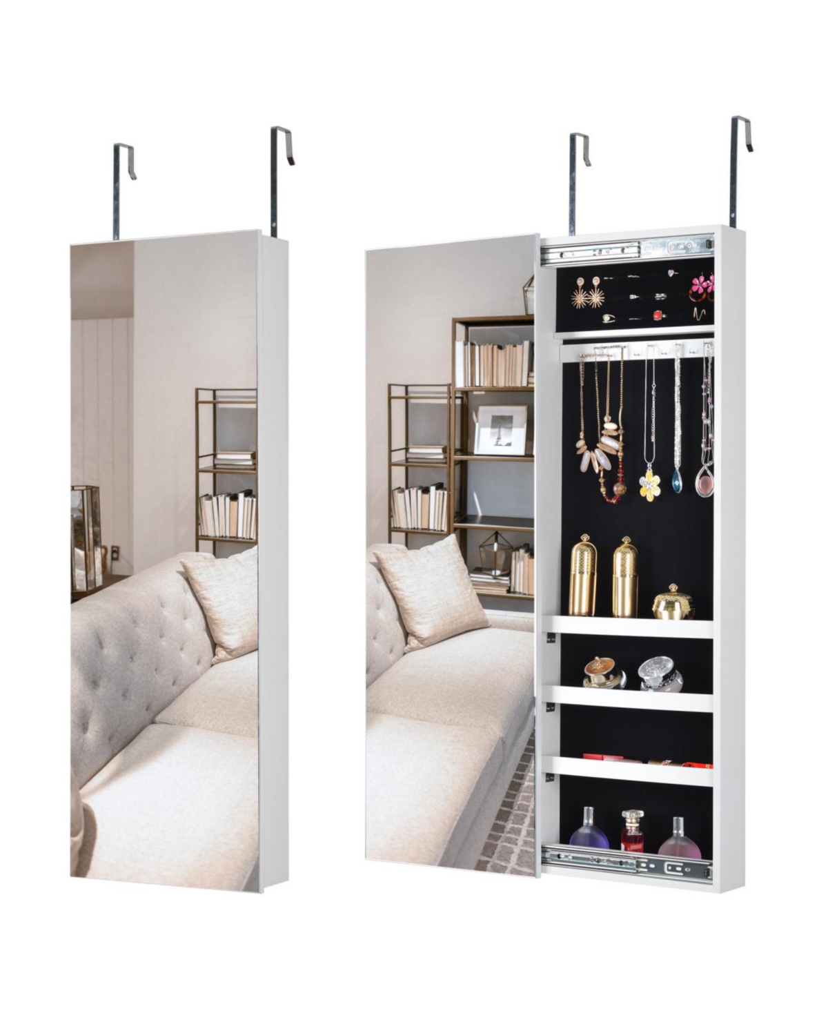 Full Mirror Jewelry Storage Cabinet with Slide Rail Can Be Hung On The Door Or Wall - White