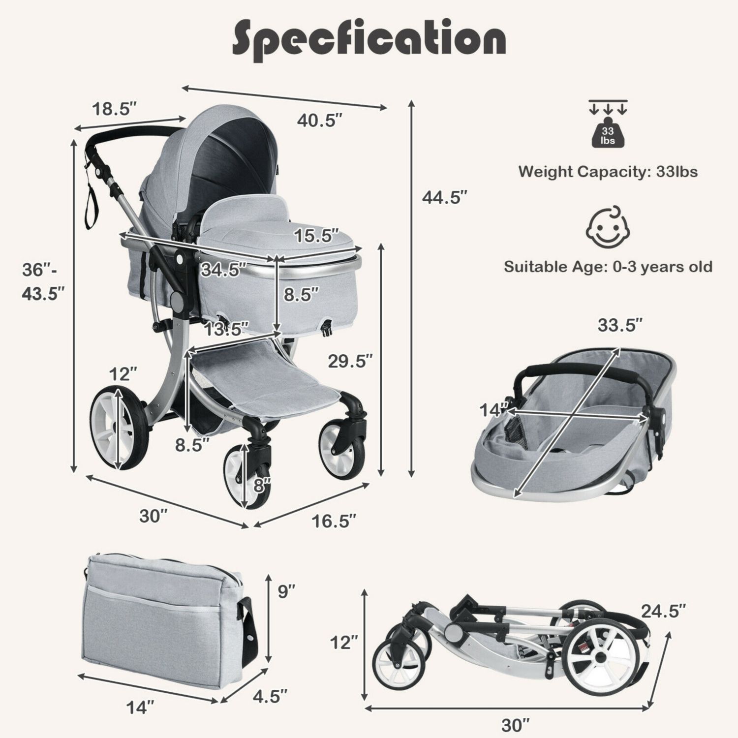 Folding Aluminum Infant Reversible Stroller with Diaper Bag