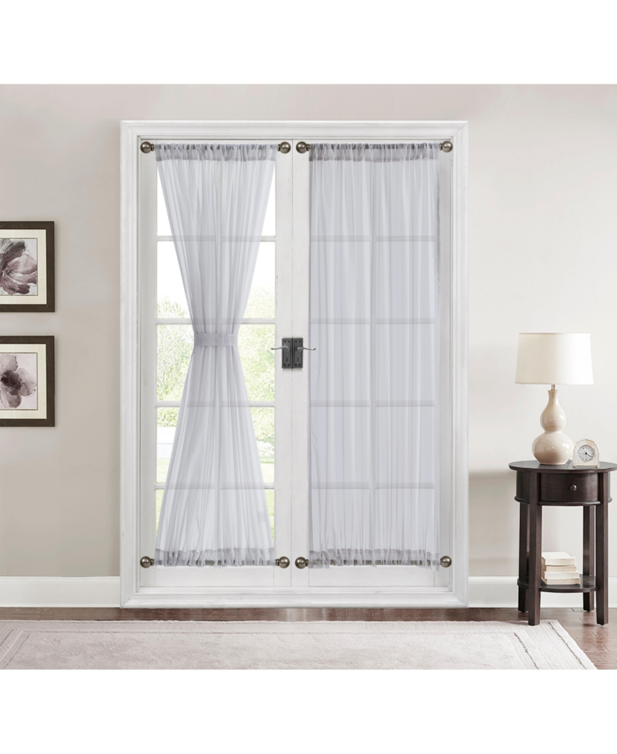 Sheer Voile French Door Patio Sidelight Window Treatment Curtain Panels with Tieback for Kitchen - 2 Panels (Silver, 54 W x 72 L) - Silver