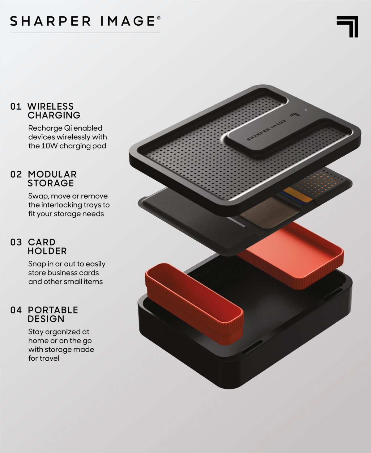 Sharper Image Wireless Valet Desk Organizer with Charging Pad, Set of 6