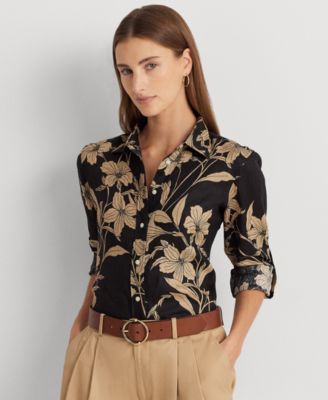 로렌 랄프로렌 Lauren Ralph Lauren Womens Floral Linen Shirt,Black/tan