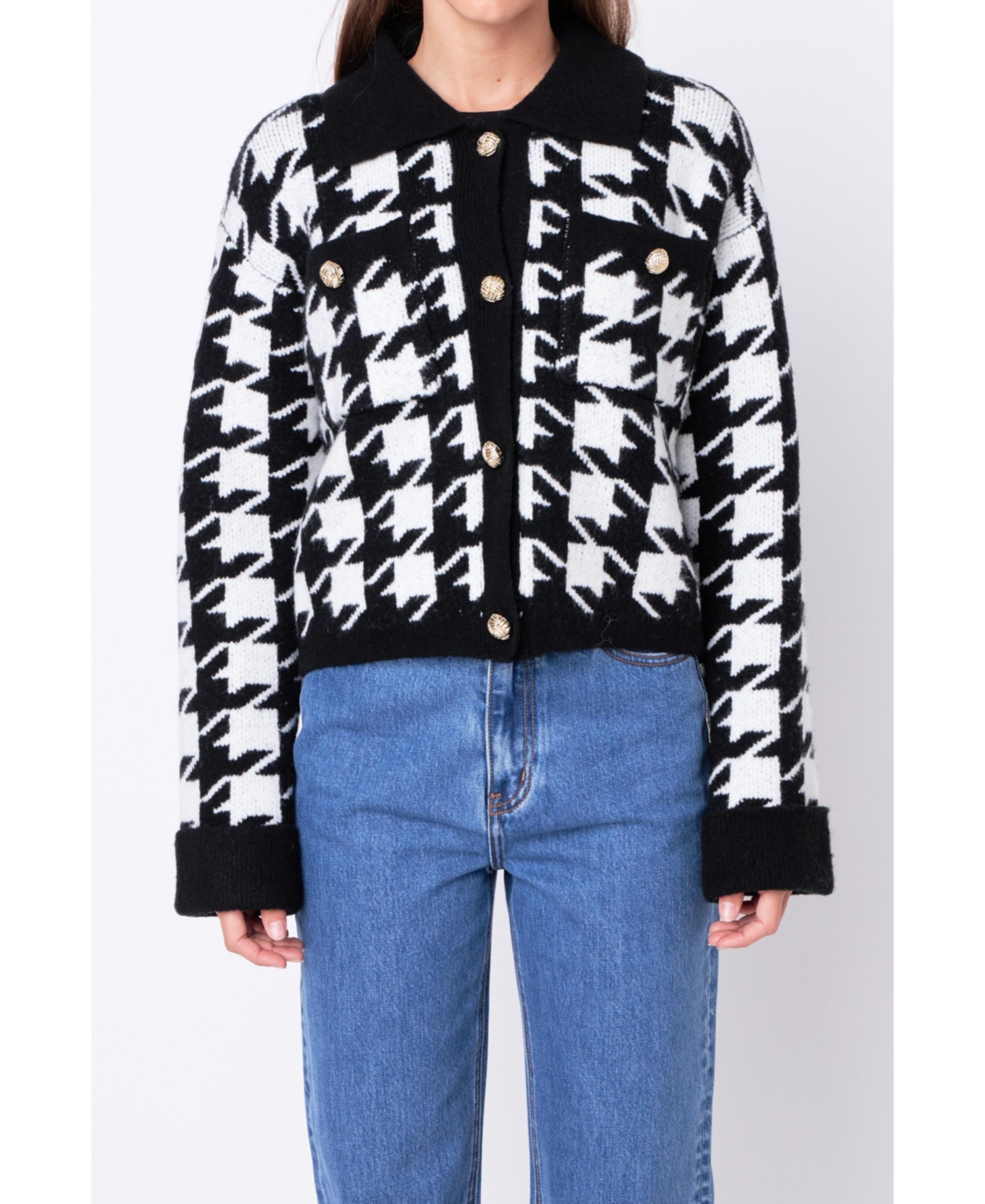 English Factory Women's Houndstooth Collared Cardigan In Black,cream