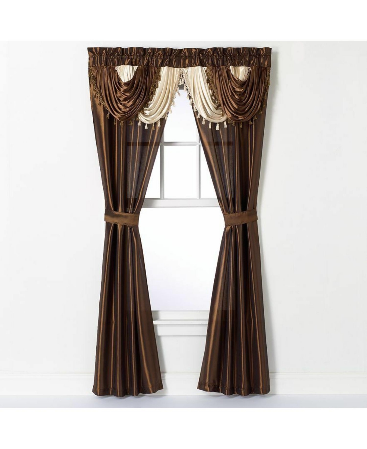 Satin Semi Sheer Complete 5 Piece Window in a Bag Attached Curtain Set - Chocolate/brown