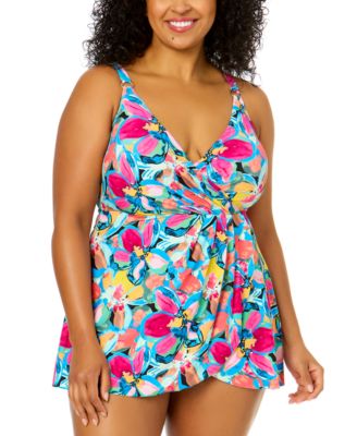 Anne Cole - Plus Size Surplice V-Neck Skirted One-Piece Swimdress