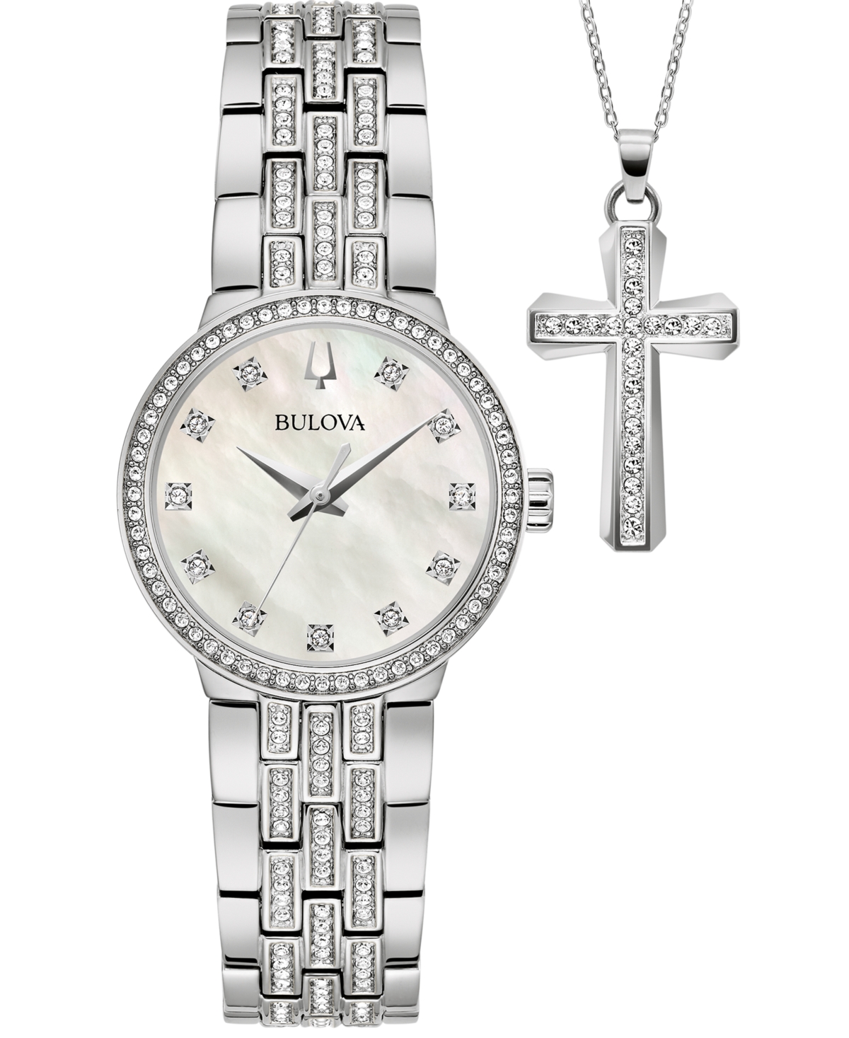 Bulova Women's Classic Crystal Stainless Steel Bracelet Watch Box Set 29mm In Silver