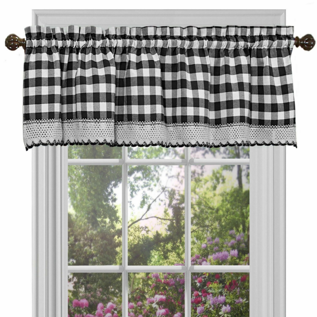 Kate Aurora Complete 3 Piece Country Farmhouse Plaid Gingham Black & White Buffalo Check Kitchen Curtain Tier & Valance Set