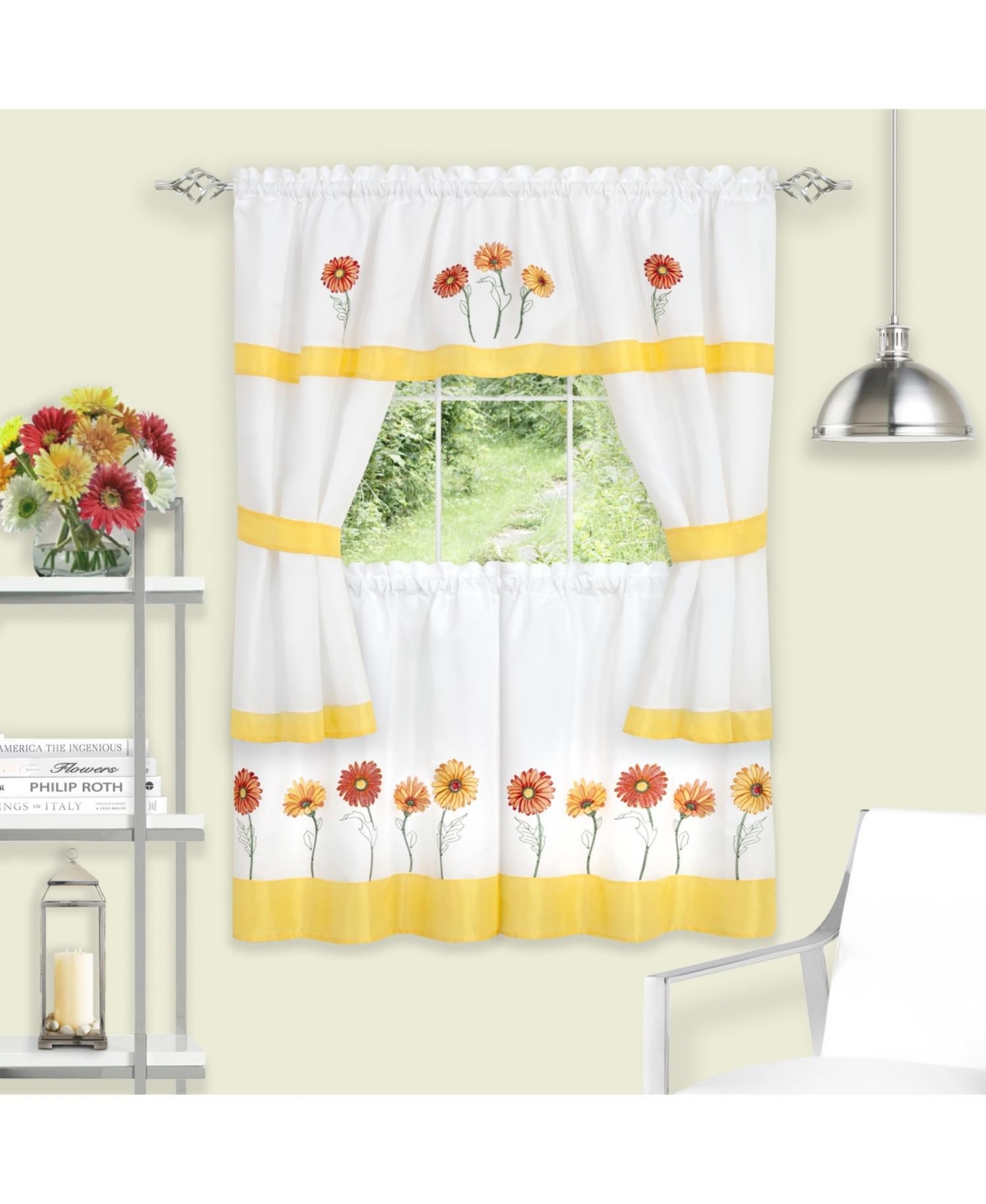 Montauk Accents Embroidered Sunflowers & Daisies Complete 5 Piece Cottage Kitchen Curtain Tier & Valance Set - Yellow