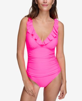 DKNY Ruffle Plunge Underwire Tummy Control One-Piece Swimsuit