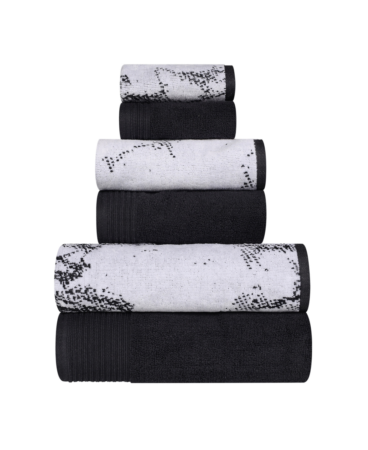Superior Quick Drying Cotton Solid And Marble Effect 6 Piece Towel Set In Black