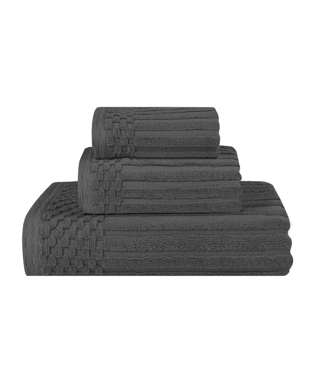 Superior Soho Checkered Border Cotton Ribbed Textured Ultra-Absorbent Towel, 3 Piece Set - Charcoal