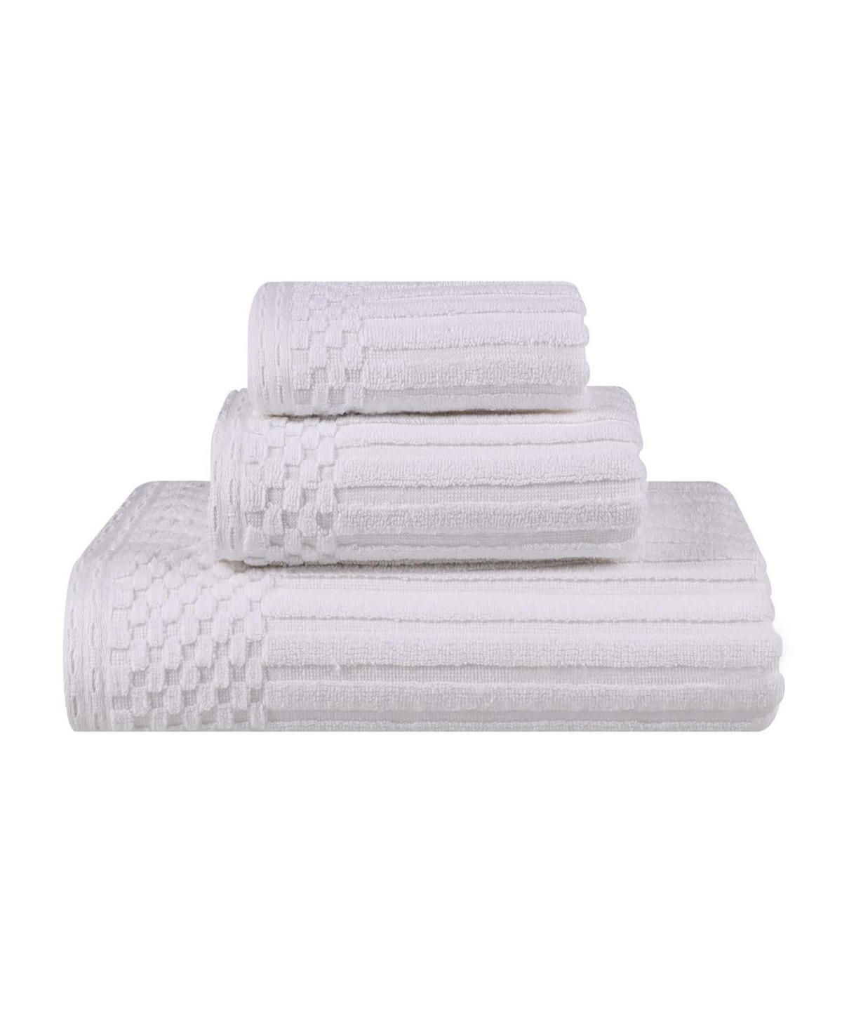 Superior Soho Checkered Border Cotton Ribbed Textured Ultra-absorbent Towel, 3 Piece Set In White