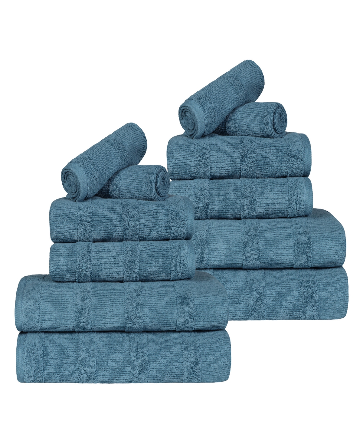 Superior Roma Ribbed Turkish Cotton Quick-dry Solid Assorted Highly Absorbent Towel 12 Piece Set In Denim Blue