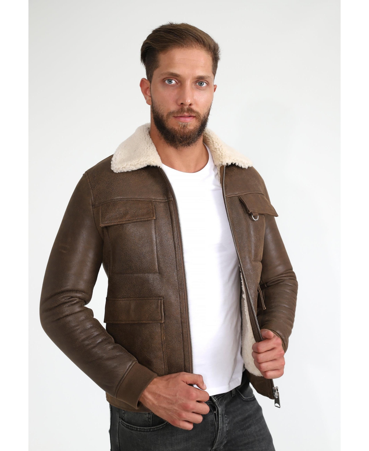 Furniq Uk Men's Shearling Bomber Jacket, Vintage- likewith Beige Curly Wool - Camel