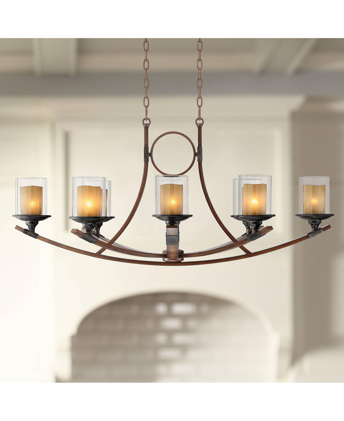 Franklin Iron Works Tafford Mahogany Wood Finish Large Linear Island Pendant Chandelier 43 1/4" Wide Rustic Clear Outer In Brown