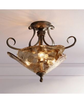 Amber Scroll Modern Ceiling Light Semi Flush Mount Fixture 20 1/4" Wide Golden Bronze Art Glass for Bedroom Kitchen Living Room