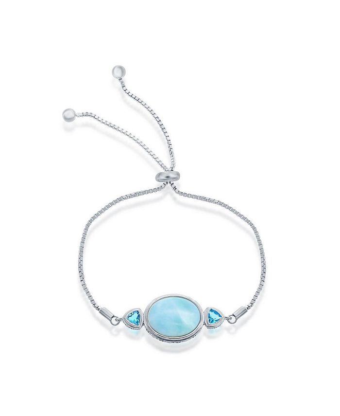 Men's Leather Sterling Silver North Star Leather Bracelet with Aquamarine  (Simulated) Stone