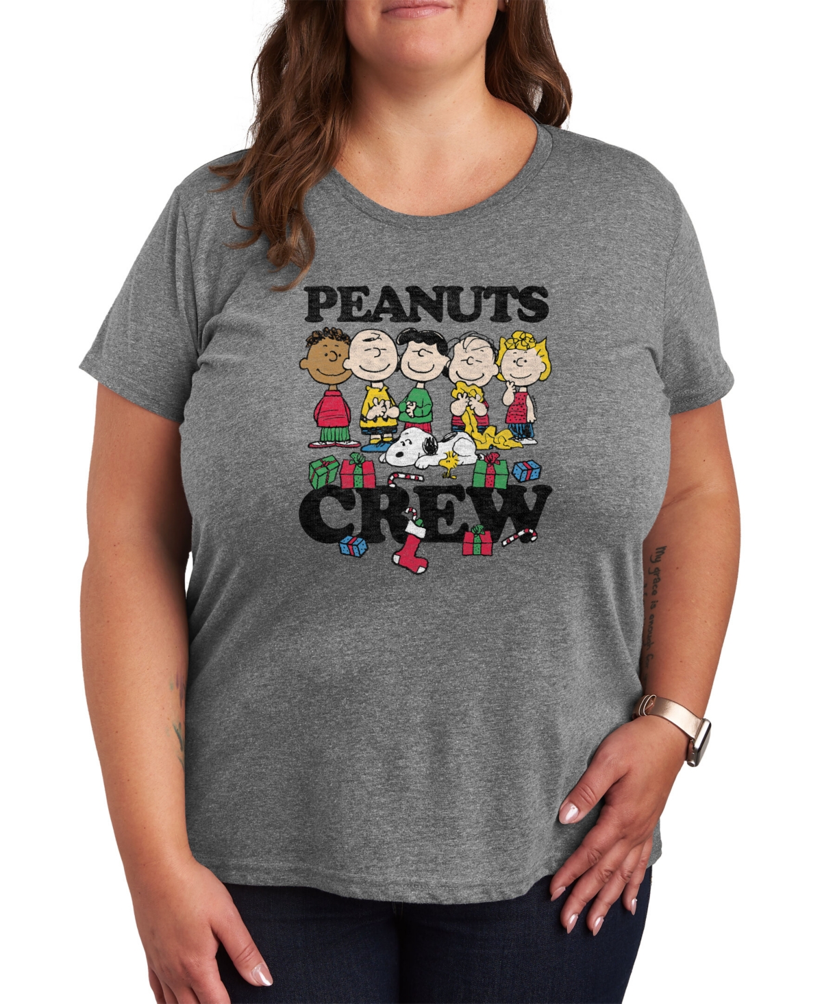 Air Waves Trendy Plus Size Peanuts Crew Graphic T-shirt - Gray
