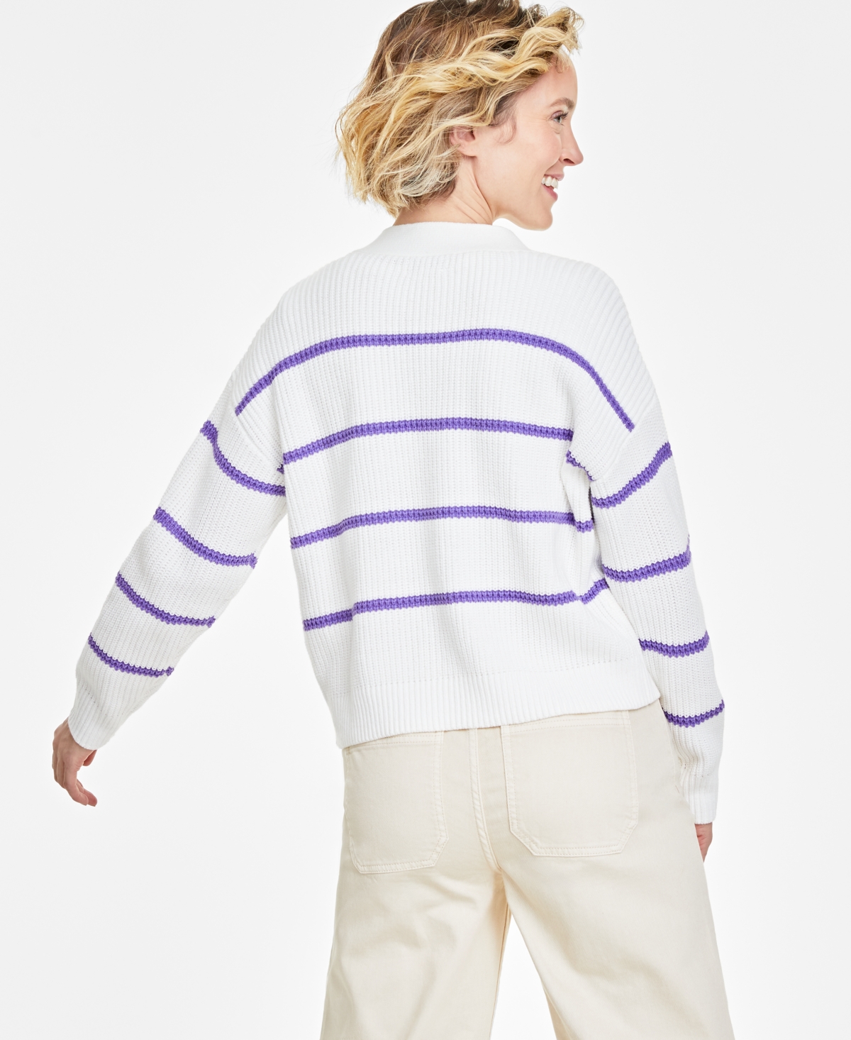 On 34th Women's Striped Patch-Pocket V-Neck Cardigan, Created for Macy's