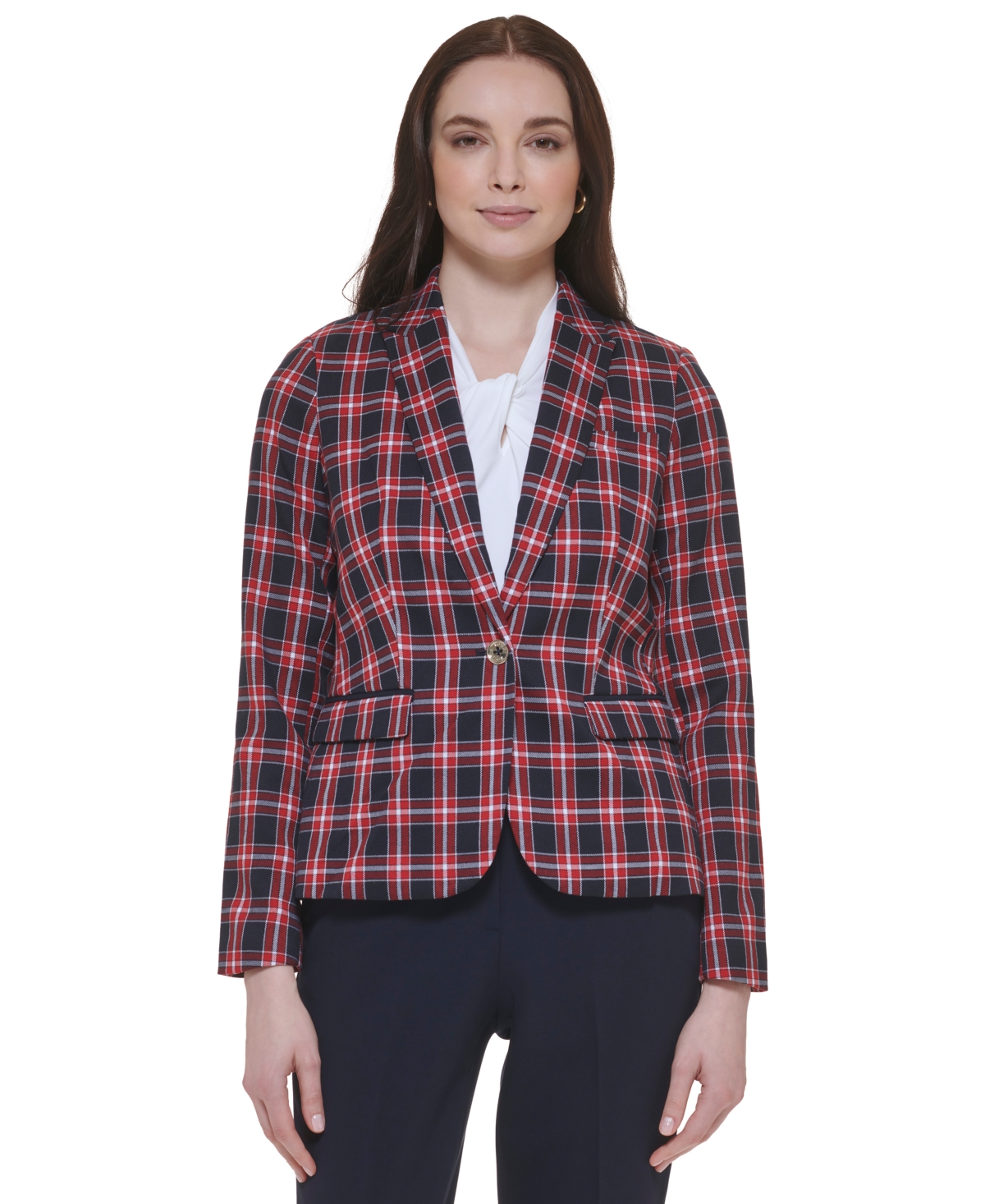 Tommy Hilfiger Women s Plaid Print Elbow Patch Blazer Black Multi Smart Closet