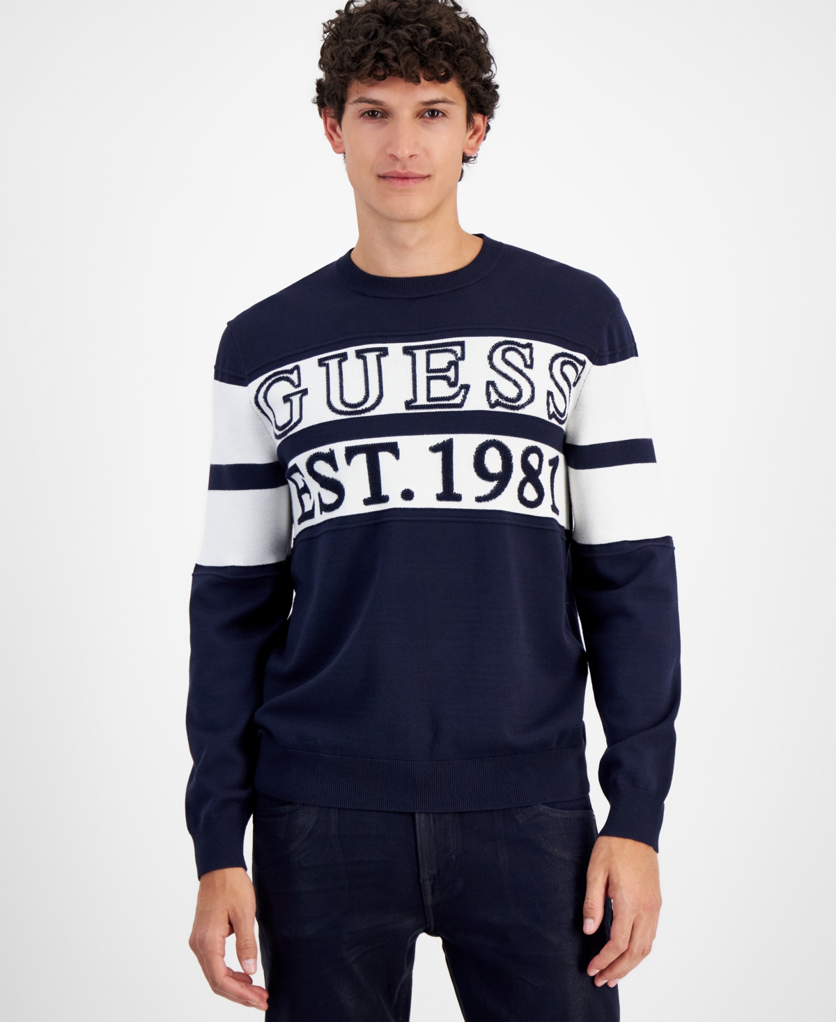 Guess Men's Logo Stripe Sweater In Smart Blue
