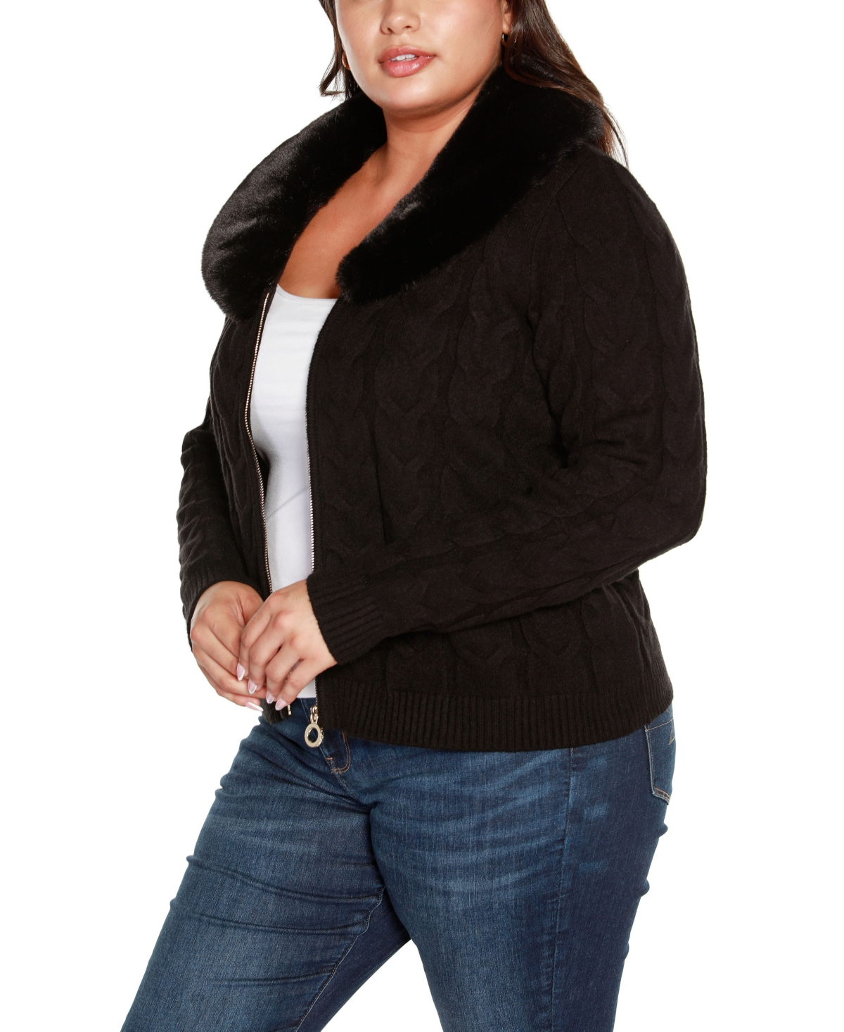 BelldiniLabel Plus Size Faux Fur Collared Cable Cardigan Sweater - Black
