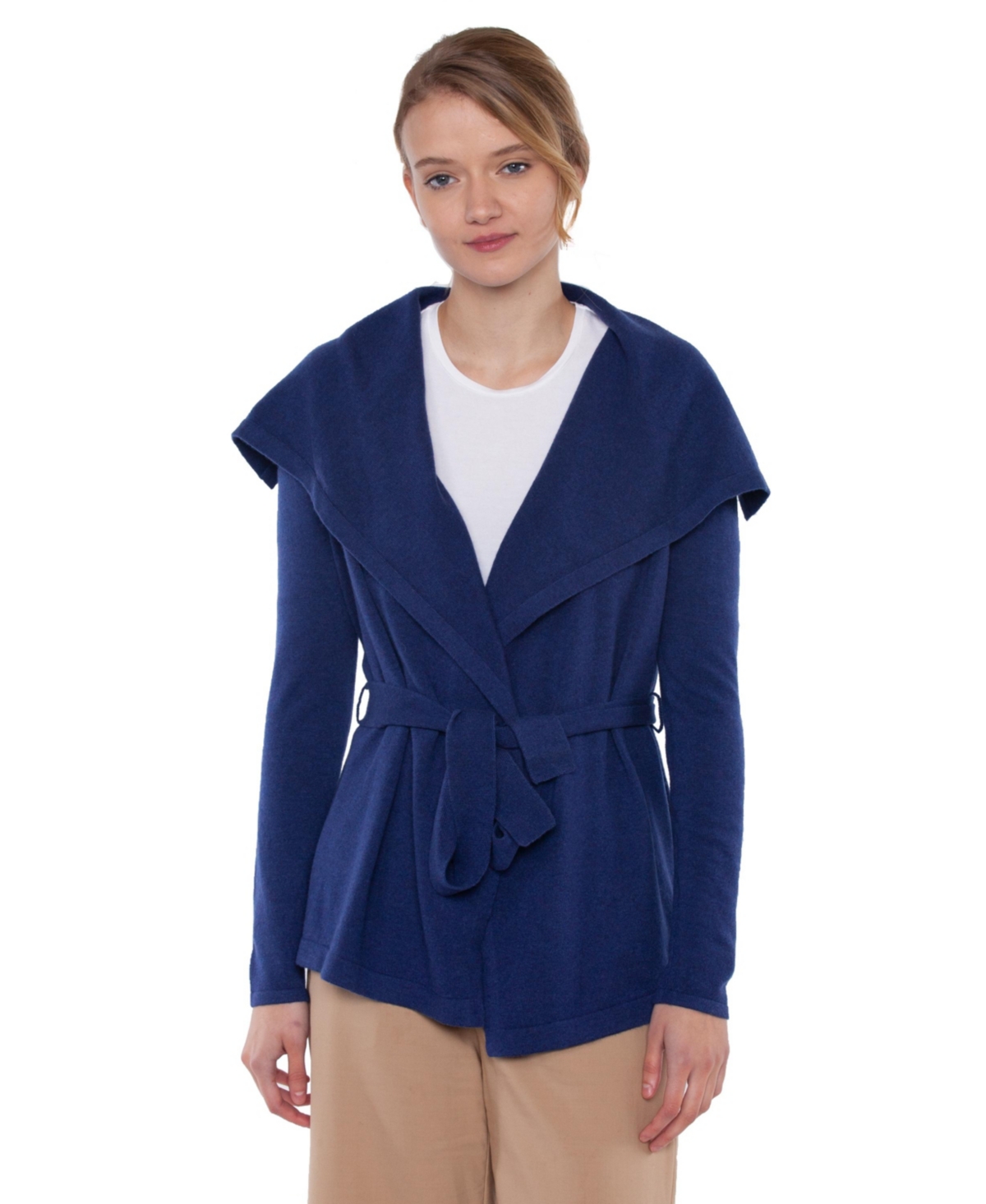 Women's 100% Pure Cashmere Long Sleeve Belted Cardigan Sweater - Marled blue