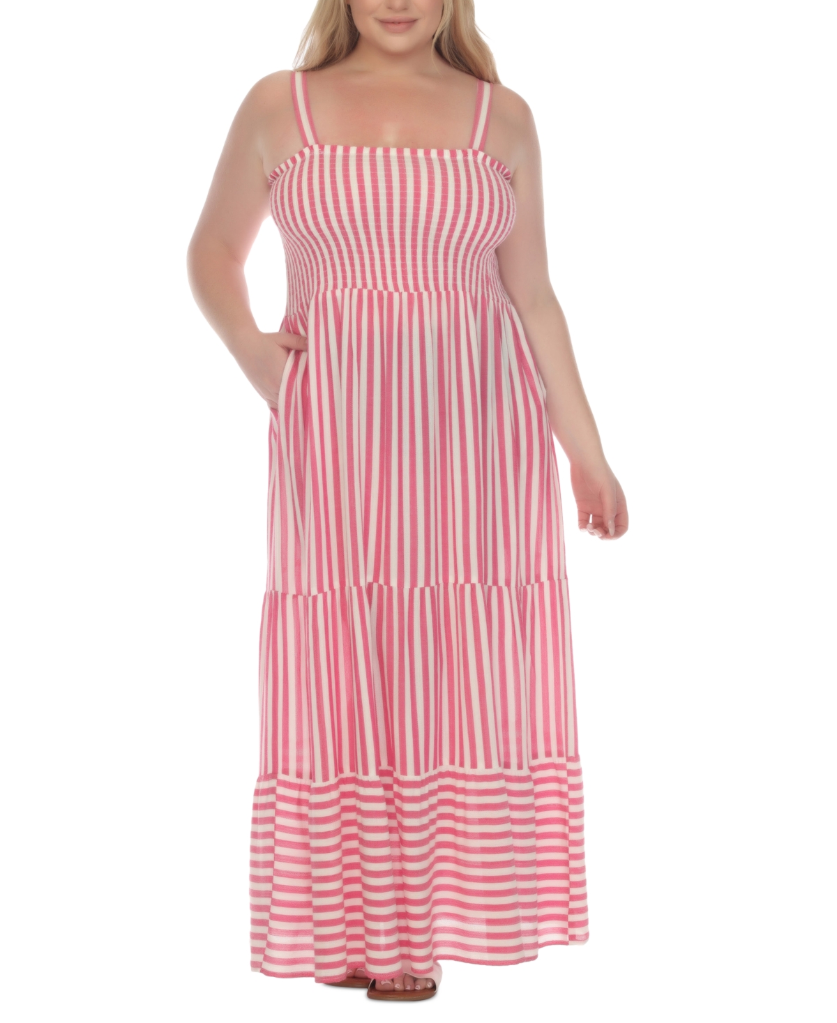 Plus Size Striped Tiered Maxi Cover-Up Dress - Pink