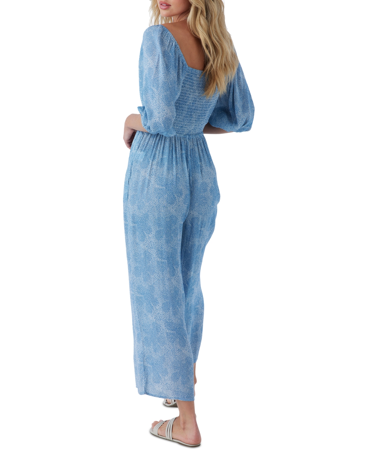 Shop O'neill Juniors' Cecilia Printed Puff-sleeve Jumpsuit In Infinity