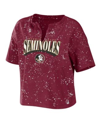 Women's Garnet Florida State Seminoles Bleach Wash Splatter Cropped Notch Neck T-shirt