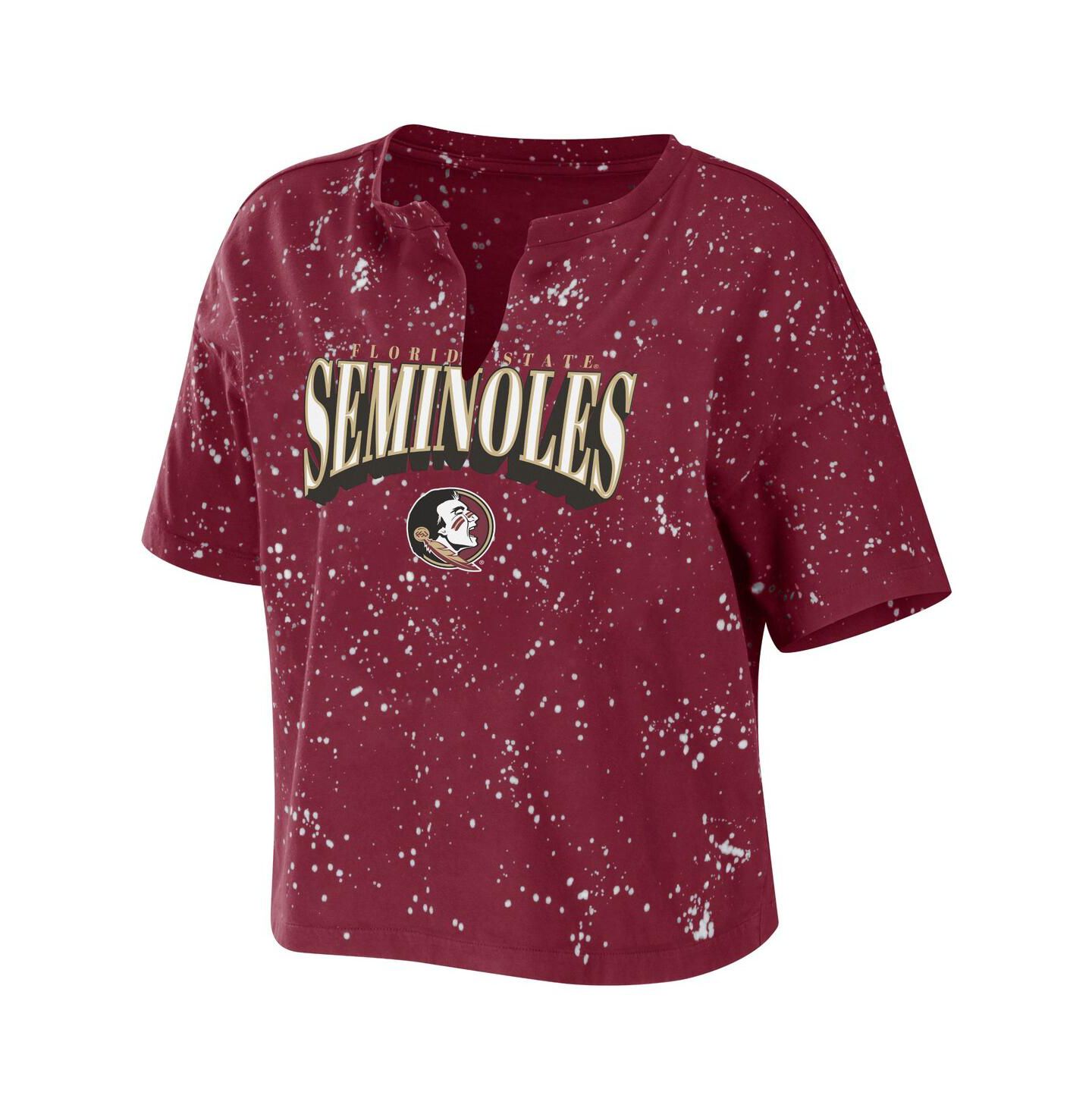Женская футболка WEAR by Erin Andrews Garnet Florida State Seminoles Bleach Wash Splatter Cropped Notch Neck — фото 3