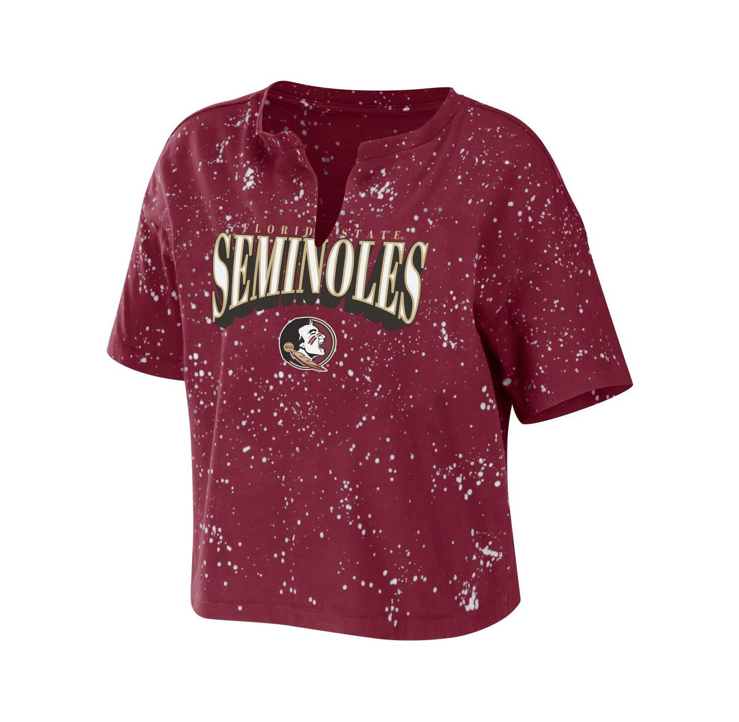 Women's Garnet Florida State Seminoles Bleach Wash Splatter Cropped Notch Neck T-shirt
