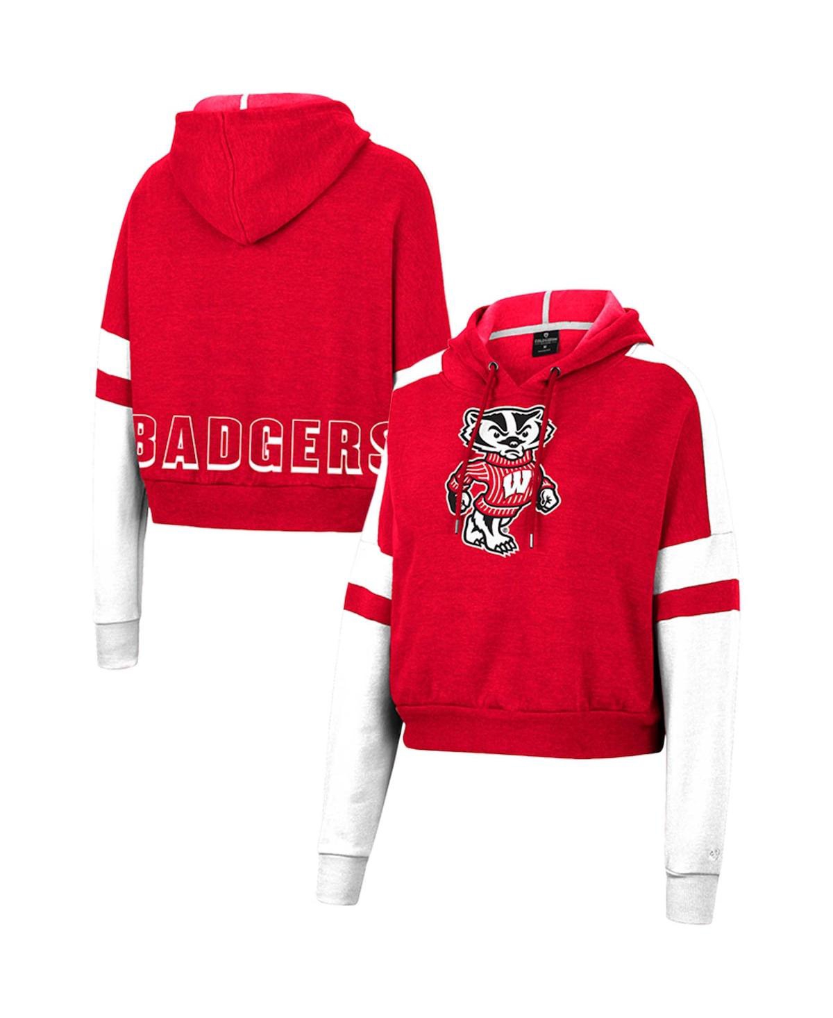 Colosseum Women's  Heather Red Wisconsin Badgers Throwback Stripe Arch Logo Cropped Pullover Hoodie