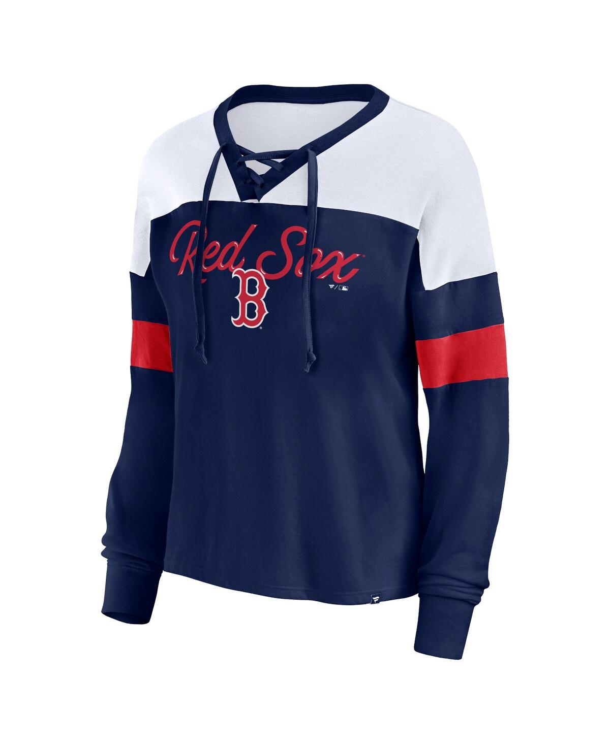 Fanatics Women's  Navy, White Boston Red Sox Even Match Lace-up Long Sleeve V-neck T-shirt In Navy,white