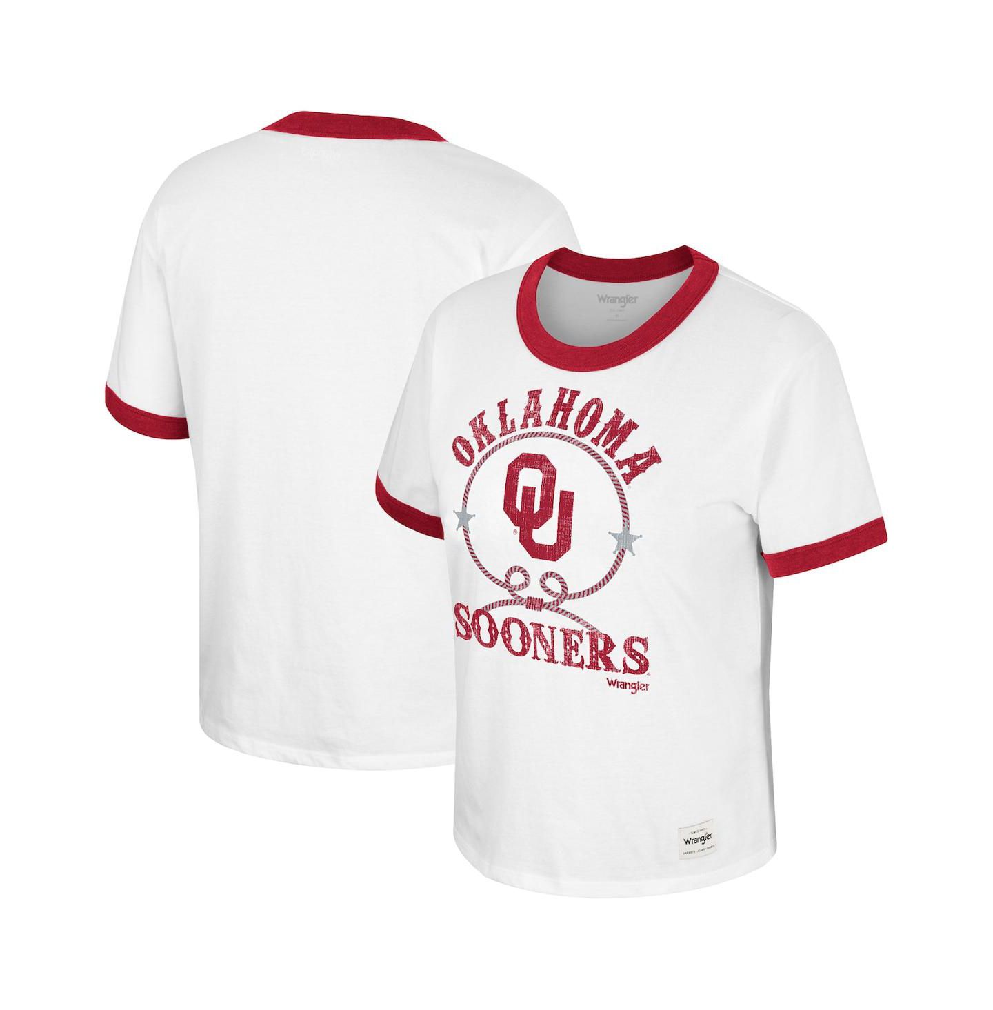 Женская футболка Colosseum x Wrangler White Distressed Oklahoma Sooners Freehand Ringer — фото 1