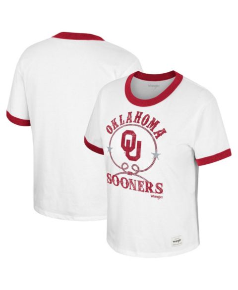 Женская футболка Colosseum x Wrangler White Distressed Oklahoma Sooners Freehand Ringer
