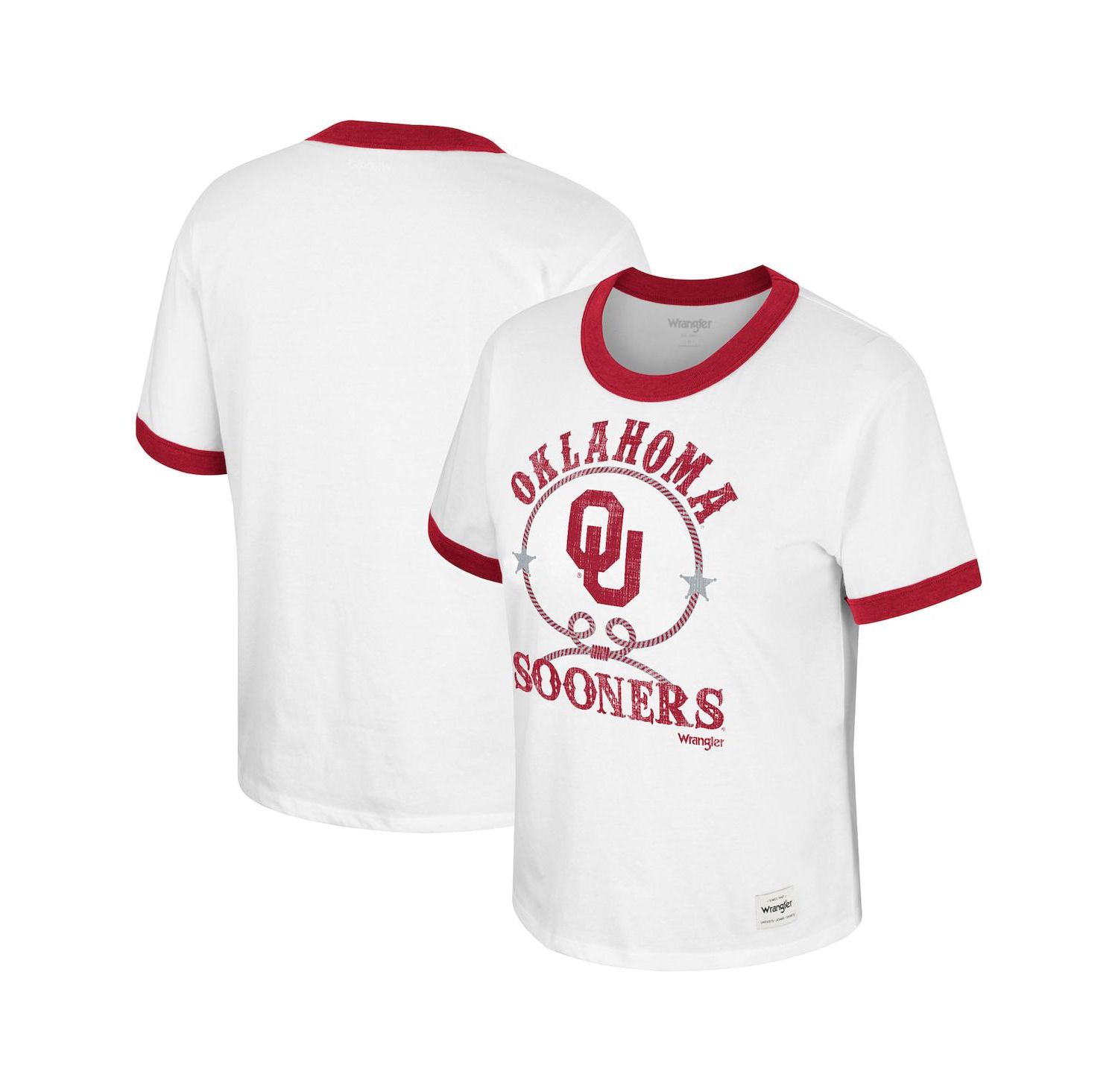 Women's x Wrangler White Distressed Oklahoma Sooners Freehand Ringer T-shirt
