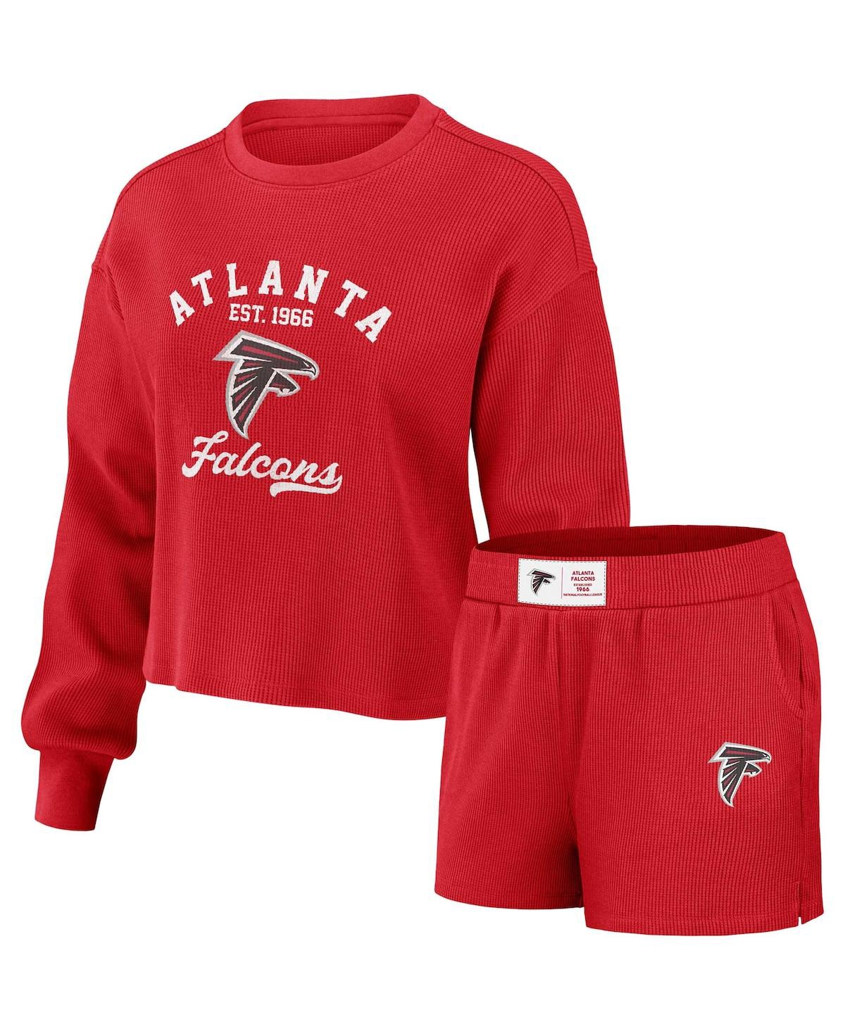 Wear By Erin Andrews Women's  Red Distressed Atlanta Falcons Waffle Knit Long Sleeve T-shirt And Shor