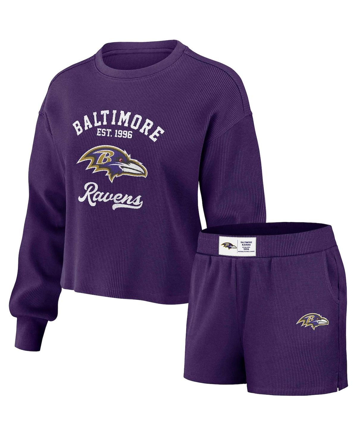 WEAR BY ERIN ANDREWS WOMEN'S WEAR BY ERIN ANDREWS PURPLE DISTRESSED BALTIMORE RAVENS WAFFLE KNIT LONG SLEEVE T-SHIRT AND 