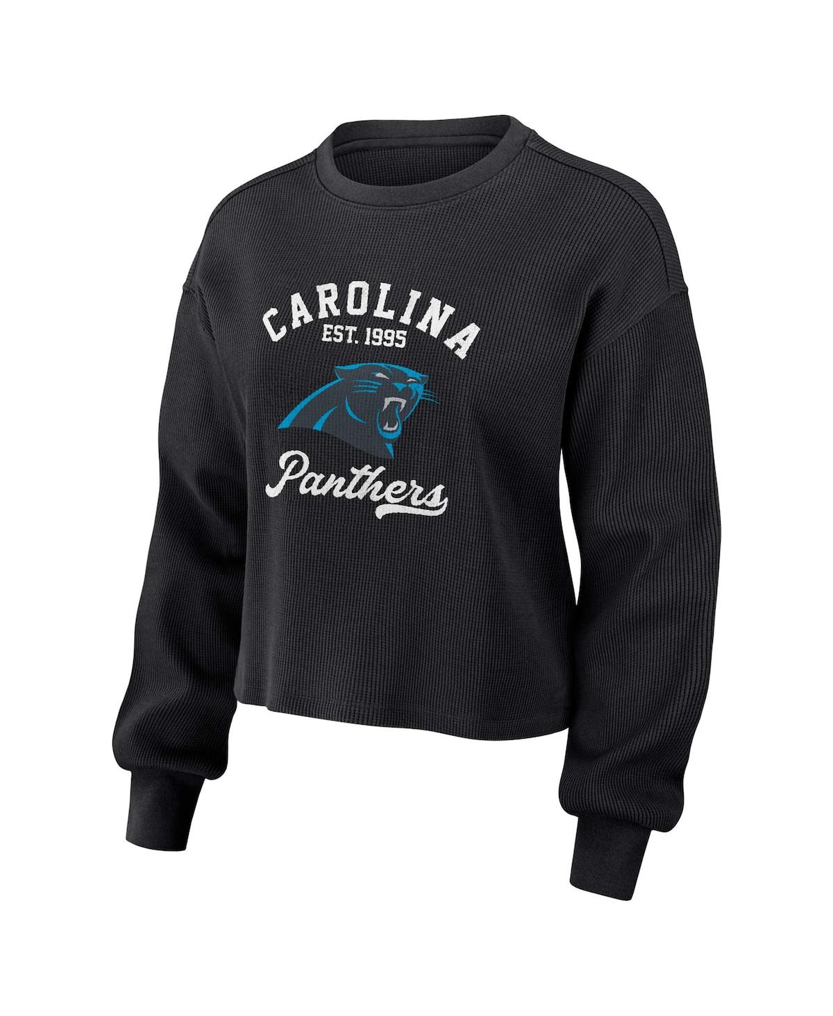 Shop Wear By Erin Andrews Women's  Black Distressed Carolina Panthers Waffle Knit Long Sleeve T-shirt And