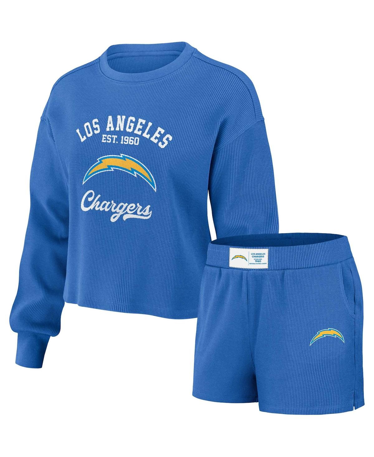 Shop Wear By Erin Andrews Women's  Blue Distressed Los Angeles Chargers Waffle Knit Long Sleeve T-shirt An